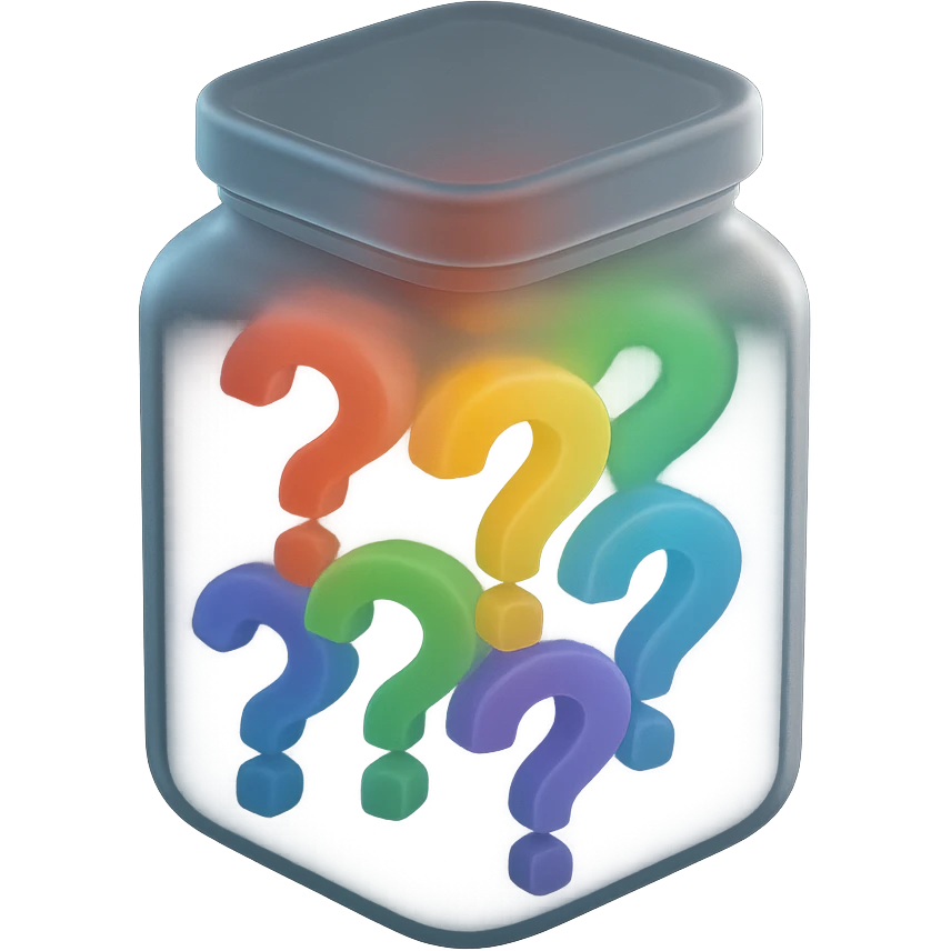 glass jar filled with colorful question marks inside, matte glass style emoji