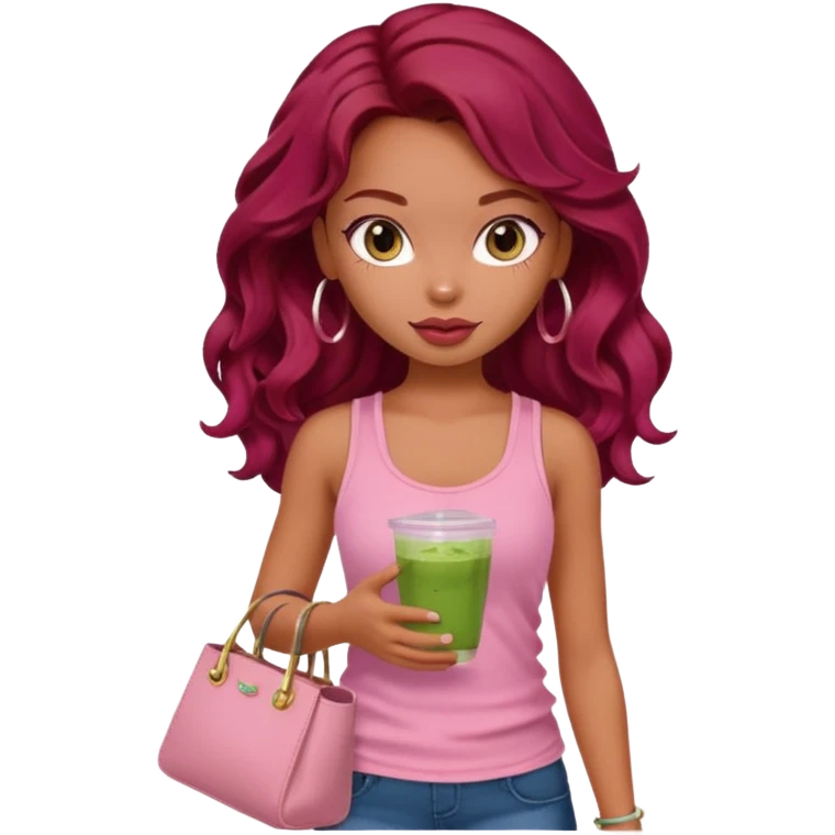a pretty fair bratz girl with wavy dark red hair, wearing a pink tank top , carrying a matcha and a pink bag emoji