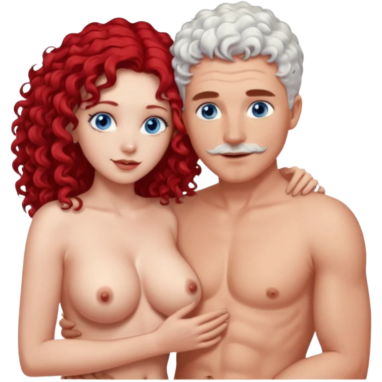 Homme nu cheveux blanc courts, yeux bleu barbe naissante + femme nu gros seins rousse cheveux longs bouclés yeux bleu faisant l'amour emoji