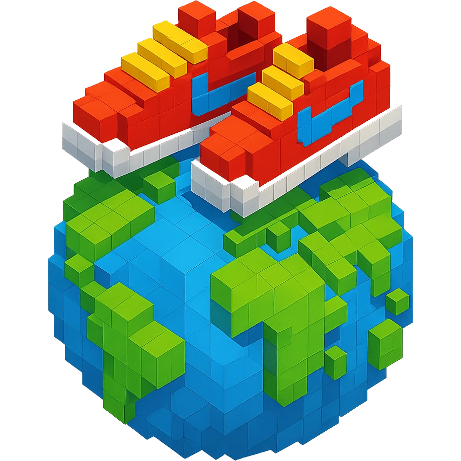 isometric view of Earth globe with a pair of Nike Cortez sneakers walking on top, voxel style emoji