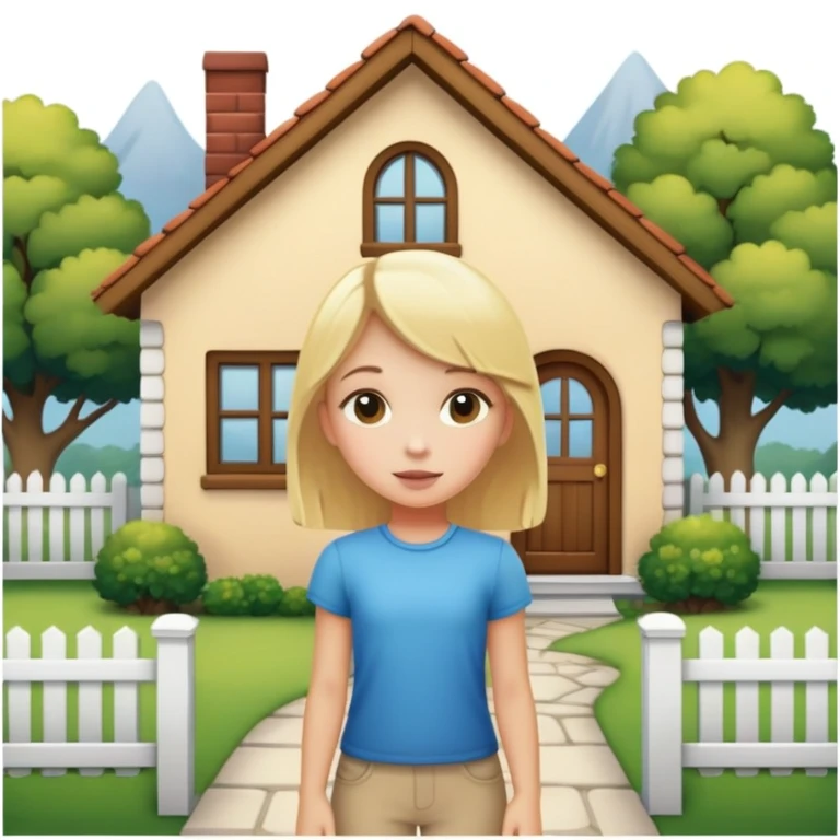 a blonde girl standing outside a small cute home emoji
