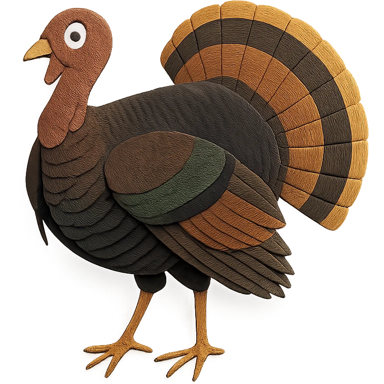 Eastern Wild Turkey, layered paper details, bold bronze and green plumage, fanned tail, expressive eye, naturalistic pose emoji