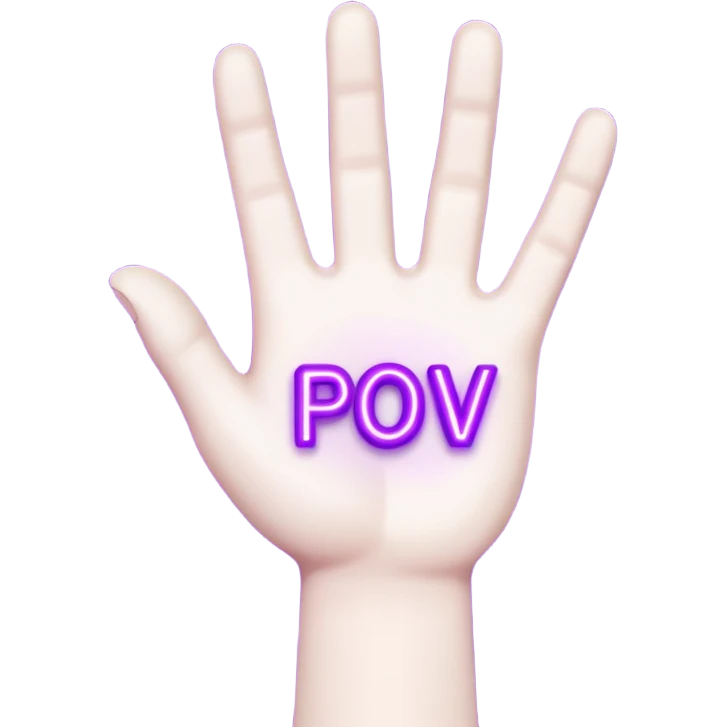 A 3D stylized cartoon hand holding a glowing neon purple sign that says "POV", high contrast, vibrant lighting, clean edges, white background. emoji