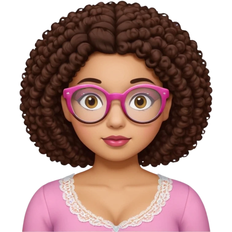 medium-light kinned afro-latina girl with medium length chocolate brown side part curly hair, brown glasses, brown eyes, pink and white sweetheart necklined top with lace, round wide-ish nose, chubby oblong face emoji