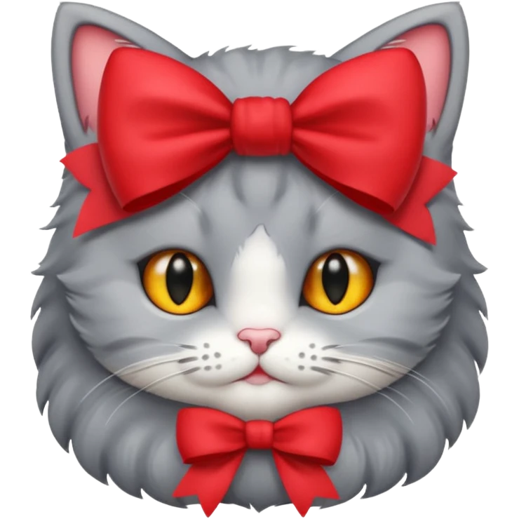 Fluffy grey kitty with a red bow emoji