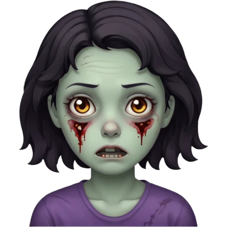 Zombie girl with bruises, she has a dark short wavy hair, she has a tired expression and dark eyes, she has dark circles too emoji