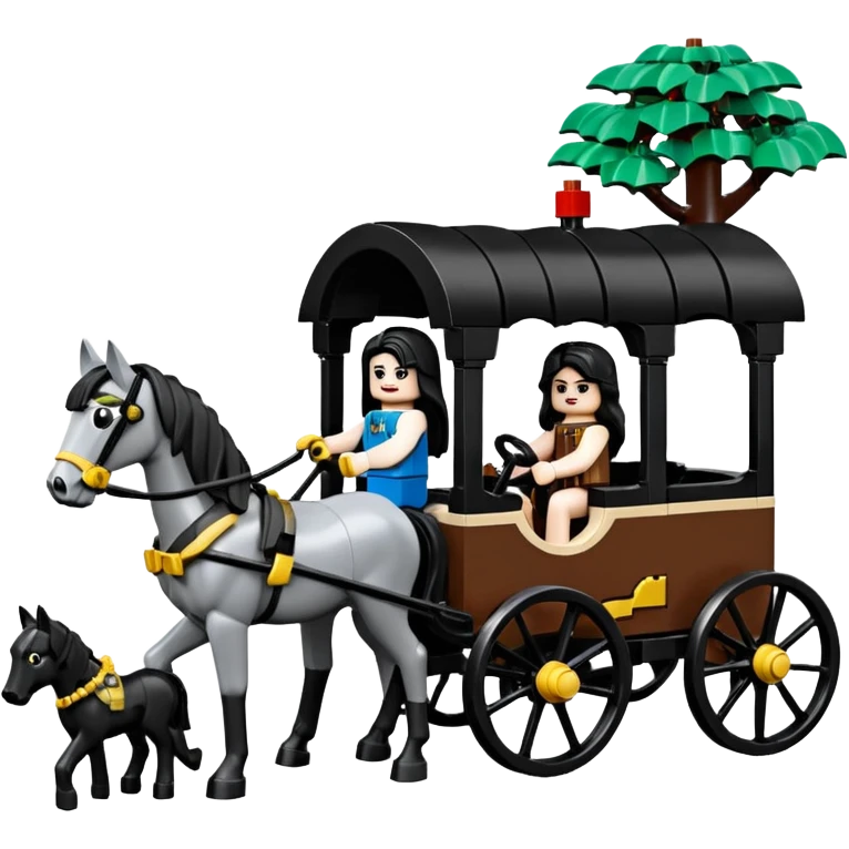  Ultra cute  Lego detailed 1854 Batman and pretty dark-haired Catgirl driving a horse drawn family-size Caravan alone together on a romantic trail in the woods  emoji