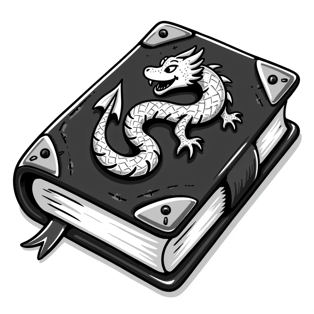 Таинственная книга с кожаной обложкой, на которой выгравировано изображение дракона. Обложка украшена металлическими уголками, древними символами и тиснением. Дракон свернулся в кольцо, его глаза светятся магическим светом. Атмосфера фэнтези, тёмные и насыщенные цвета, ощущение древности и магии. emoji