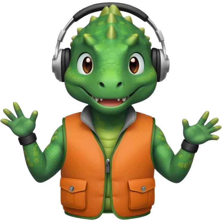 a dinosaur with a weighted vest and headphones, showing a peaceful and content demeanor emoji