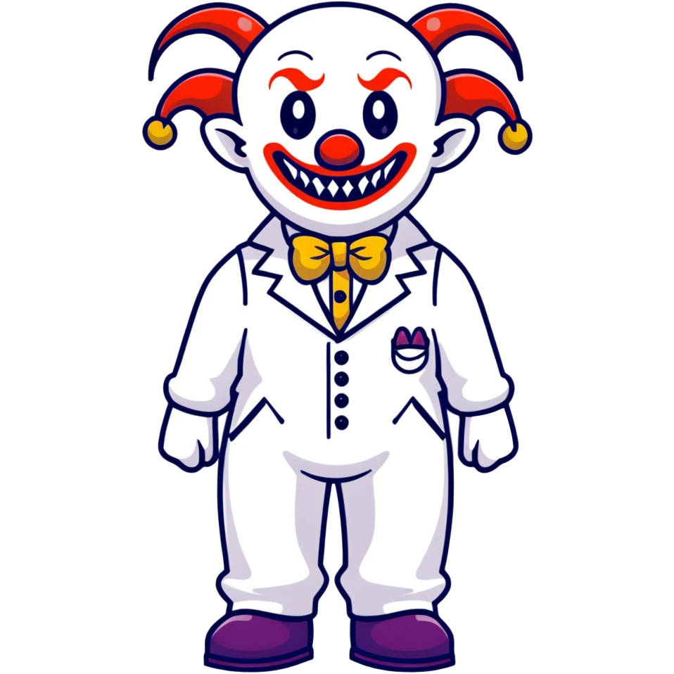 full-body demonic clown in a white leisure suit with bellbottom pants, bald, black ram horns, wearing elevator shoes emoji