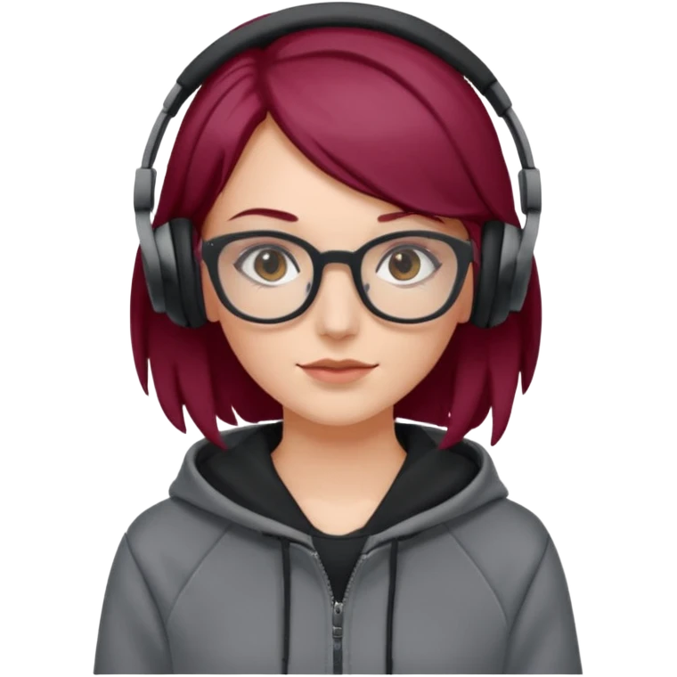 white girl with burgundy hair, gray rectangle glasses, black deportive hoodie and black headphones emoji