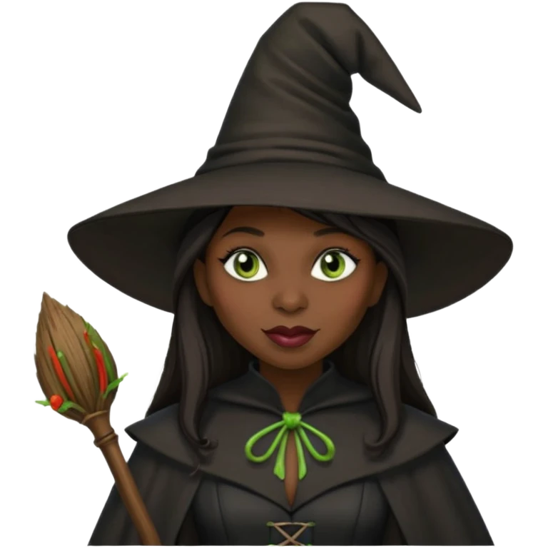 elphaba the wicked witch from wicked movie (cynthia erivo) dark long hair, thick lips, witch hat, broom emoji