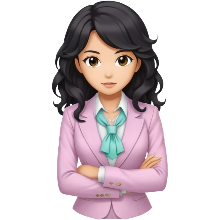 Pretty anime girl with flowing black wavy hair in a professional but feminine pastel outfit, confident boss lady pose emoji