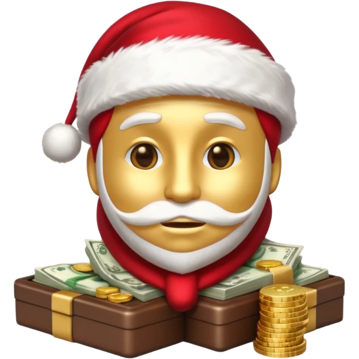 A confident rich emoji face wearing a Santa hat, money stacks, casino vibe, New Year theme, premium 3D emoji style, sharp details, no t emoji