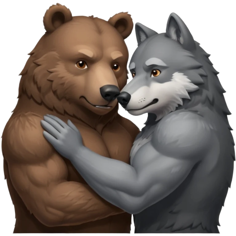 A beefy brown bear making out with a grey wolf. Both of them are males. And VERY into it. Increase realism to your highest potential.  emoji