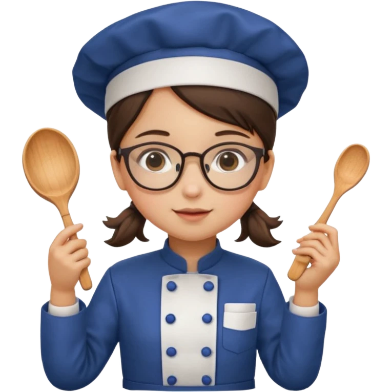 girl kid italian chef, uniform, wearing glasses, holding toy emoji