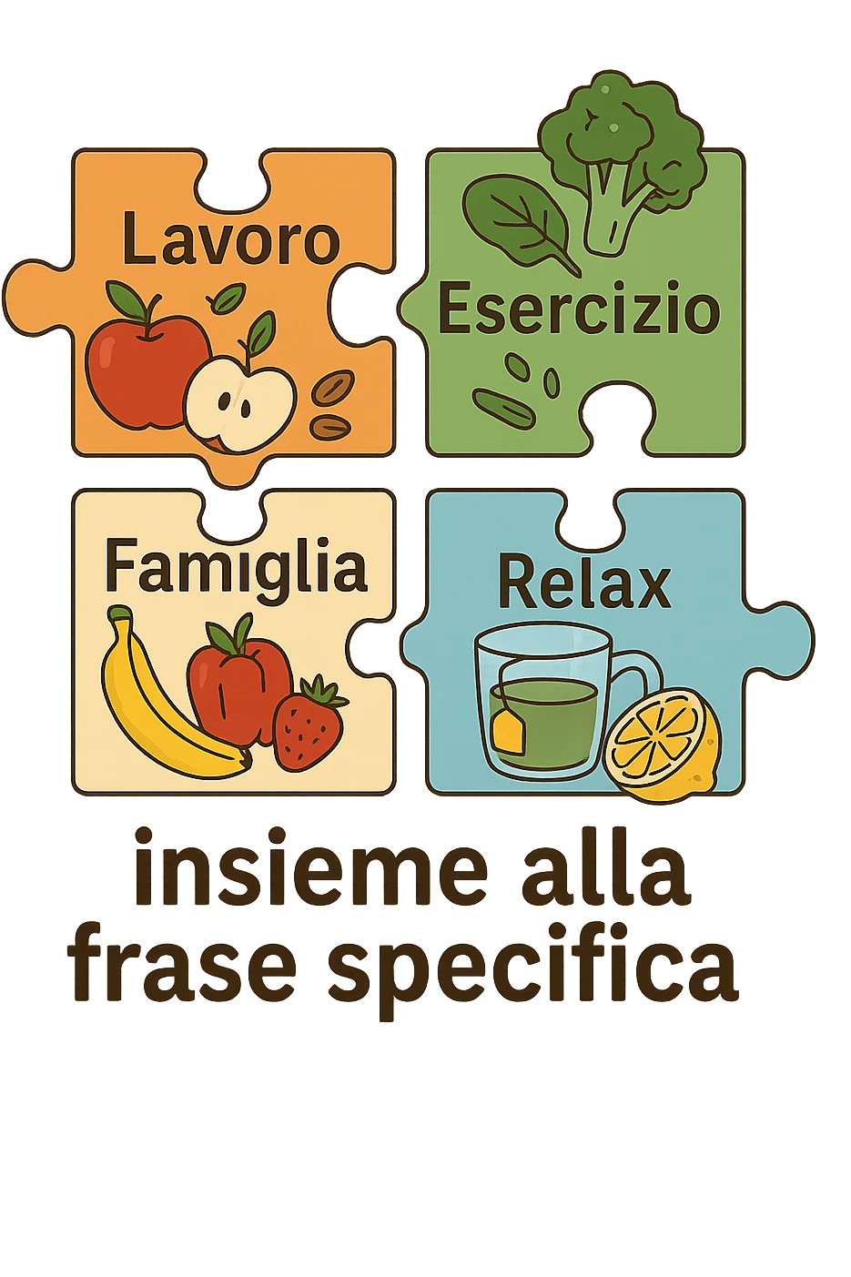 Puzzle (Lavoro, Esercizio, Famiglia, Relax), and healthy foods insieme alla frase specifica are integrated into each piece. in italiano emoji