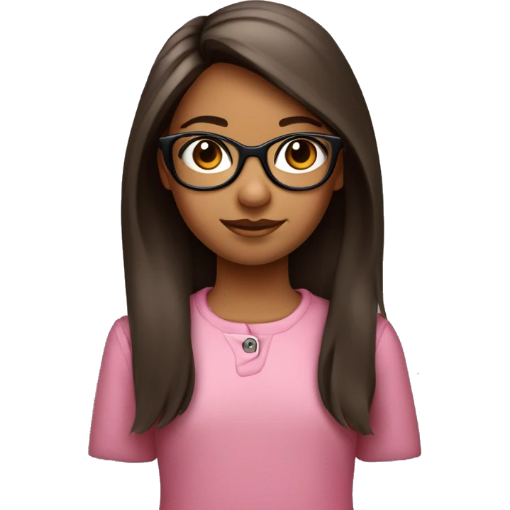 niña de 10 años, pelo marrón con una coleta, gafas rosa y negras y ojos marrones emoji