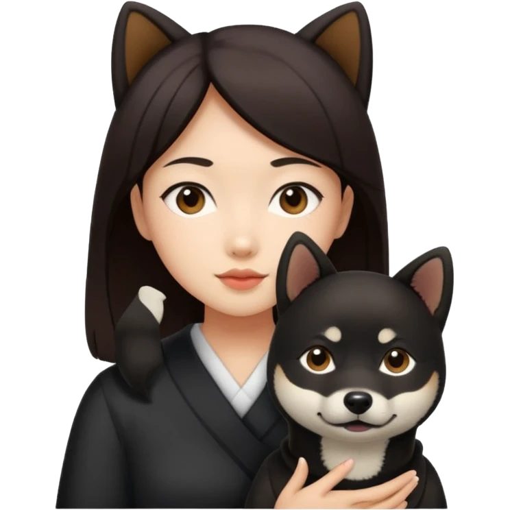 Asian girl with dark brown hair and a black shiba inu emoji