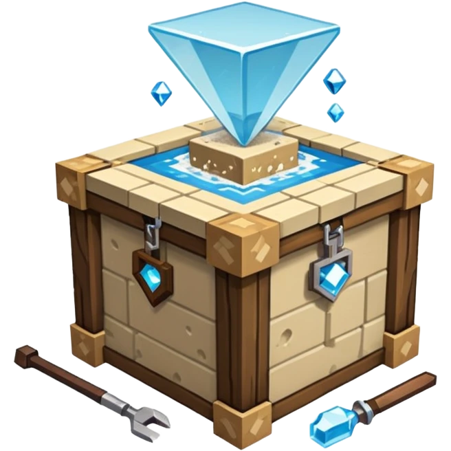 crafting table with tools, stone, wood, glass, sand, steam, water, diamonds... like a minecraft style cube crafting table  emoji