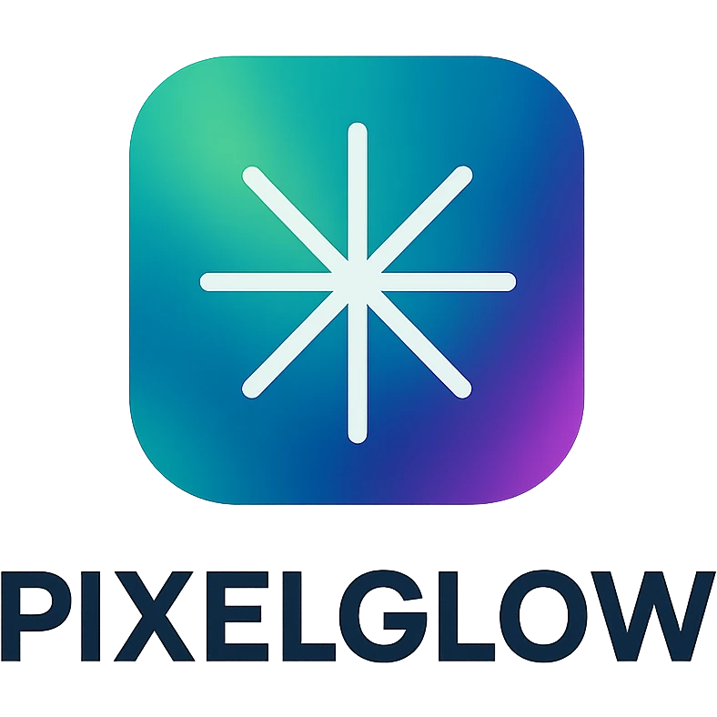 modern logo for PixelGlow, rounded square with aurora gradient background, central white geometric starburst, clean, professional, tech-friendly, and fun emoji