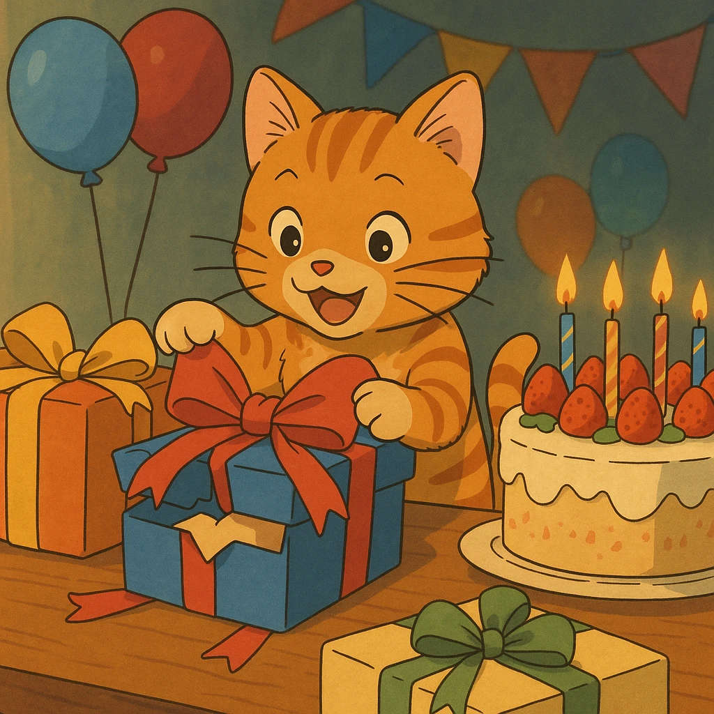 ginger tabby kitten opening presents, birthday party scene with balloons and cake, ghibli style emoji