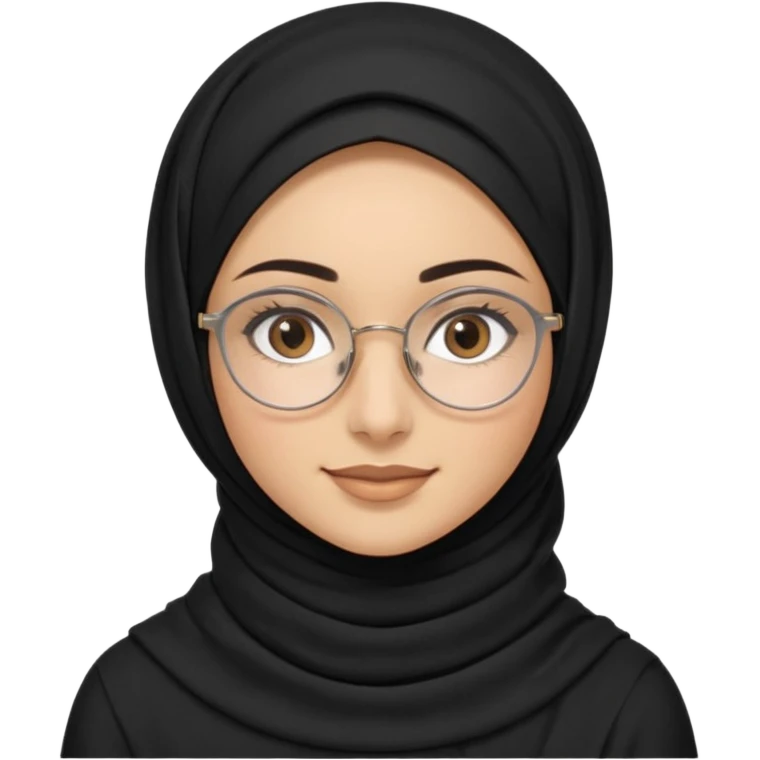 young woman with wheat-toned skin, black eyes, slightly thick natural eyebrows, long eyelashes, wearing a black hijab and thin silver round glasses, gentle warm smile, minimal makeup, modest brown top, subtle gold layered necklace emoji