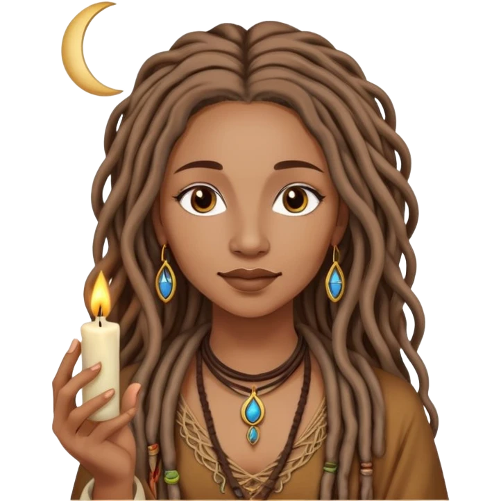Hippie spiritual moon witch candles incense with light brown locs emoji
