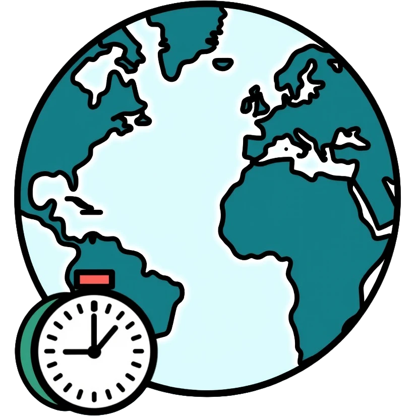 Earth globe with a small clock in the bottom corner, timezone icon emoji