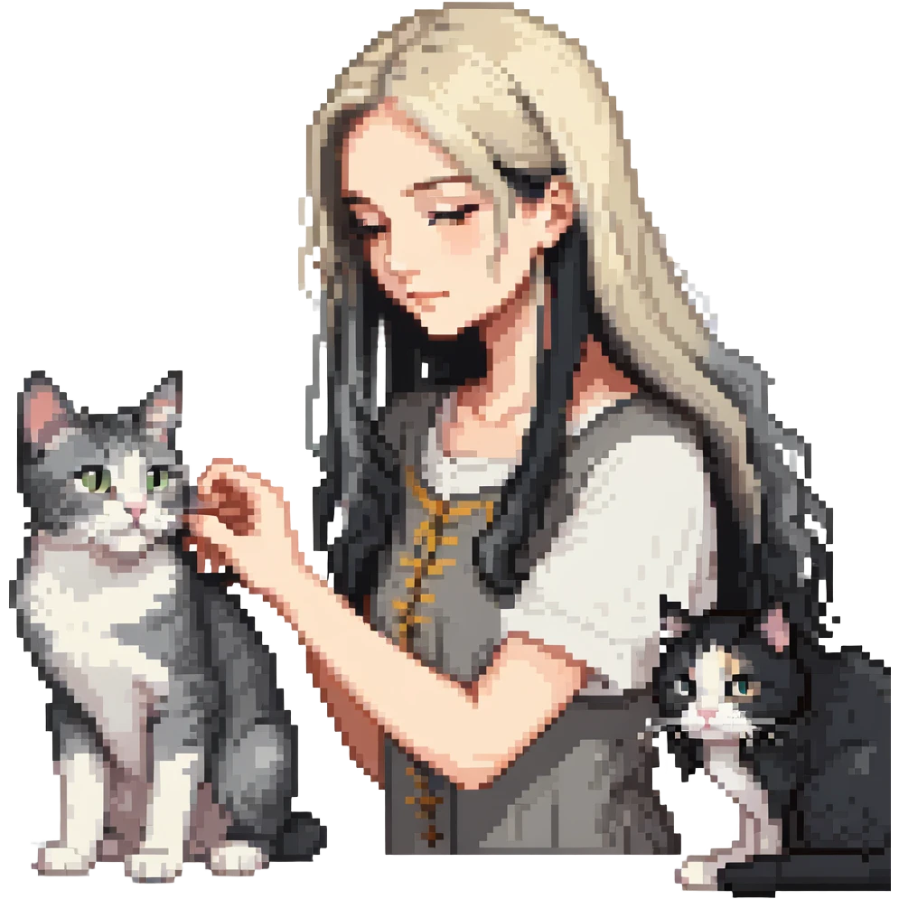 Beautiful girl with long black hair petting a gray and blonde mixed cat emoji