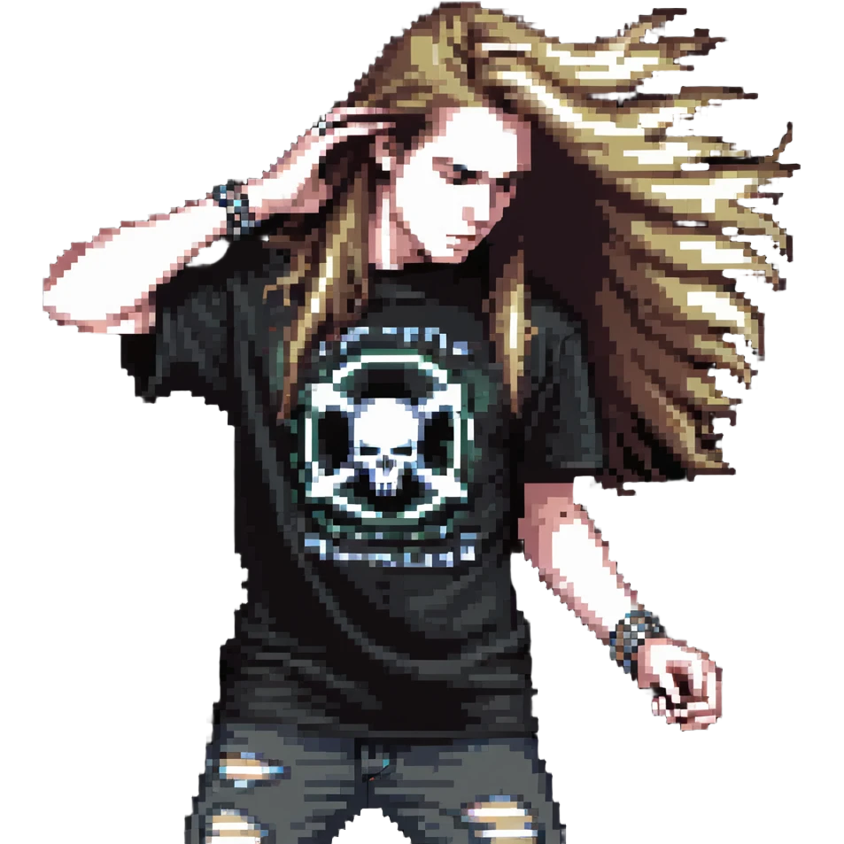 A person headbanging with long hair, wearing a metal band t-shirt emoji