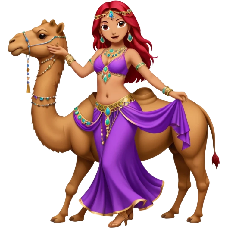 red hair purple dress belly dancer with camel emoji