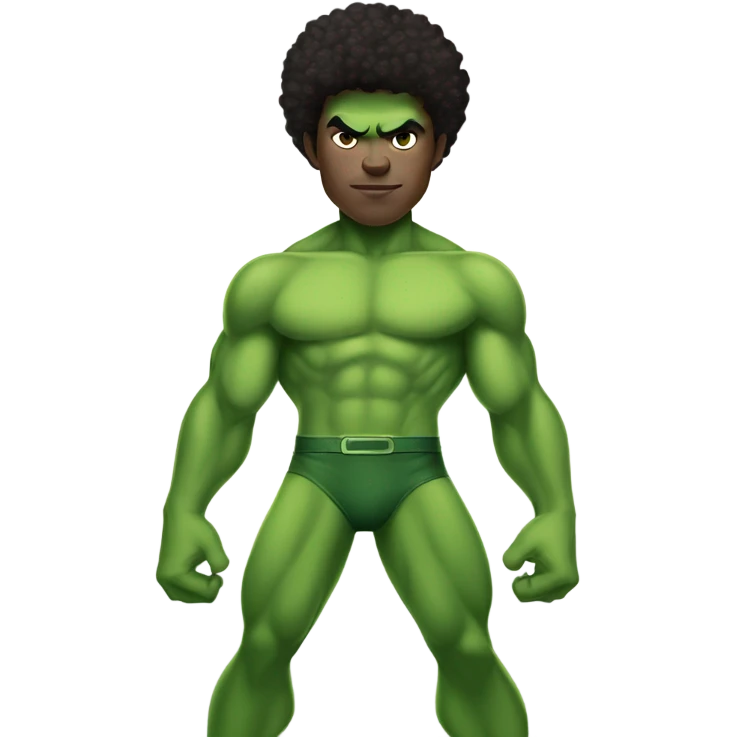 1 full-body Afro light-skinned skinned male teenager shirtless in a green superhero costume of the Hulk. emoji