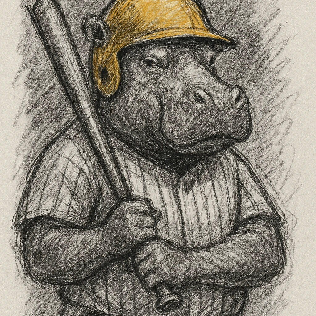 hippo holding a baseball bat, wearing a yellow helmet, pinstripes outfit emoji