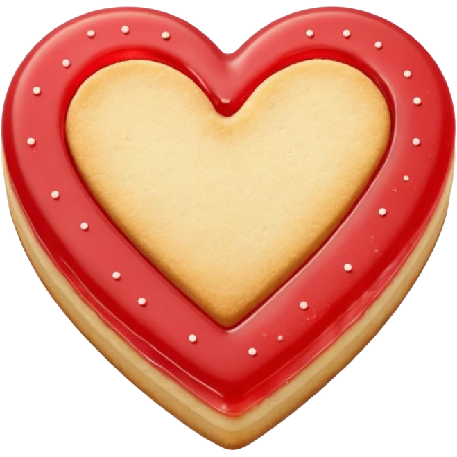 Realistic shortbread cookie in the shape of a heart with light red jelly middle filling and sprinkled powder sugar on top. emoji