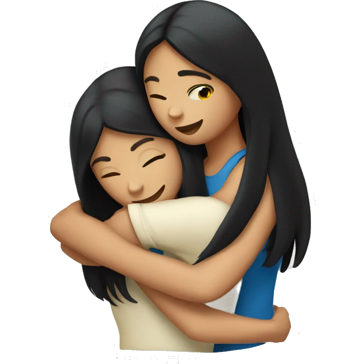 Two white girls with long black hair hugging. emoji