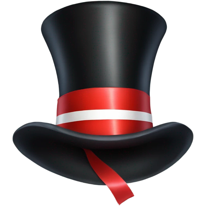 A black top hat displaying a red ribbon around the base. The ribbon forms a visible bow at the front, with the ends falling slightly over the top of the hat. emoji