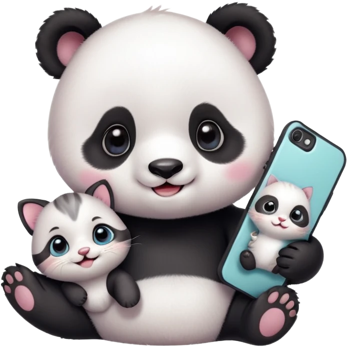 A cute baby panda taking a selfie with a small kitten, both smiling and looking at the camera, cartoon style, pastel colors, soft background, ultra cute, kawaii style, detailed, high resolution
 emoji