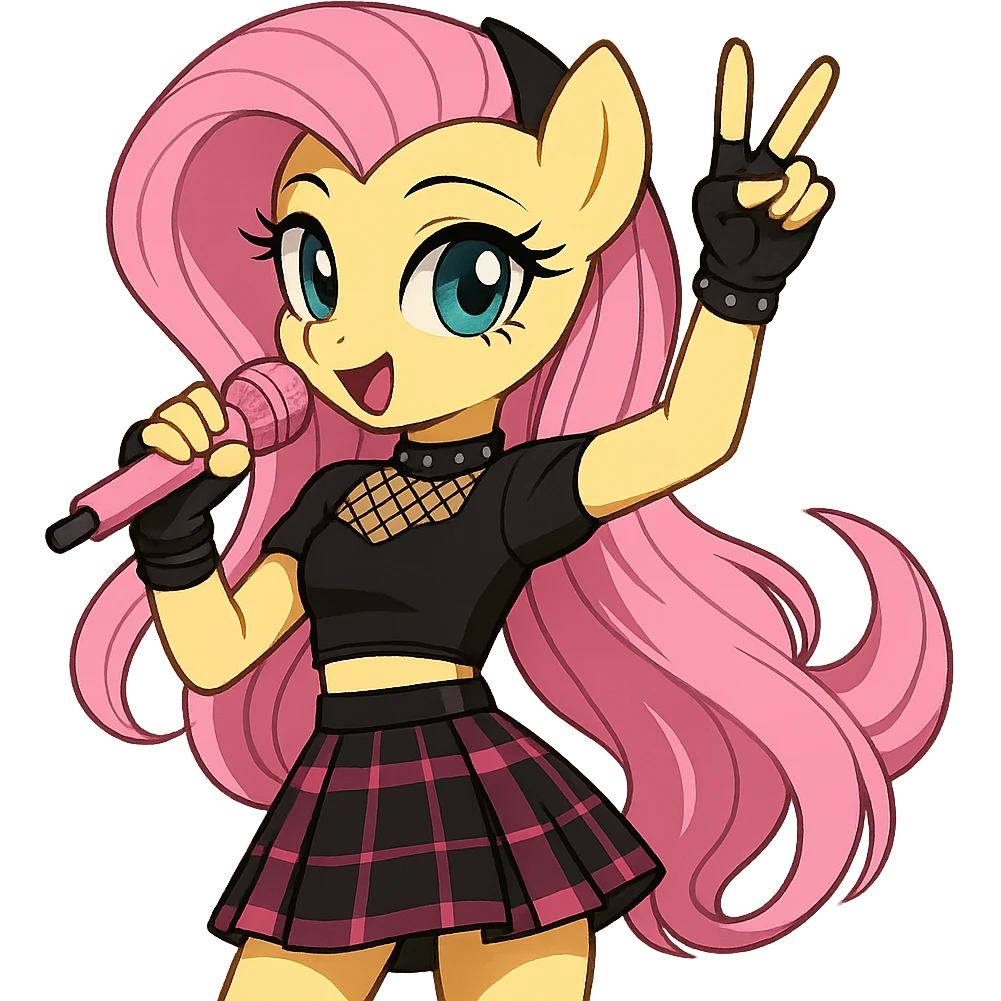Fluttershy in a Blackpink-inspired style, performing on stage, with pink and black accents, transparent background emoji