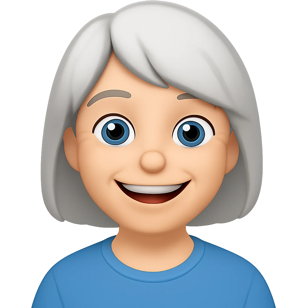 Make the older woman have a bigger and friendly smile, in the style of Apple Memoji with flat colors and soft edges, no background. emoji