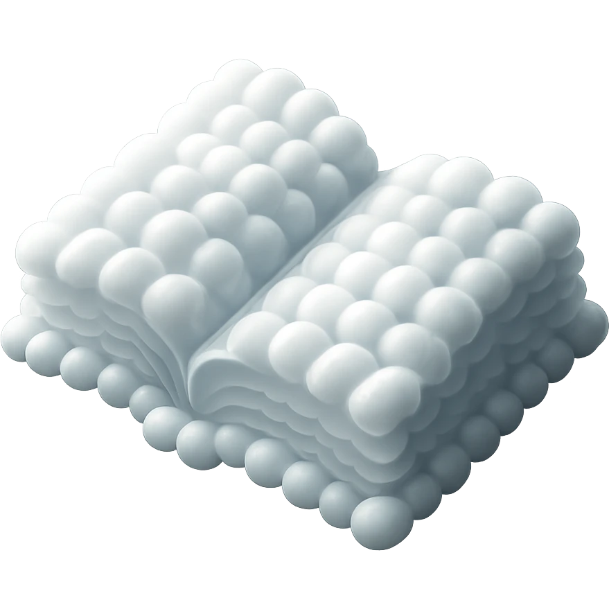 top view of a thick open book made entirely of small, very bright white fluffy convex clouds, matte glass style emoji
