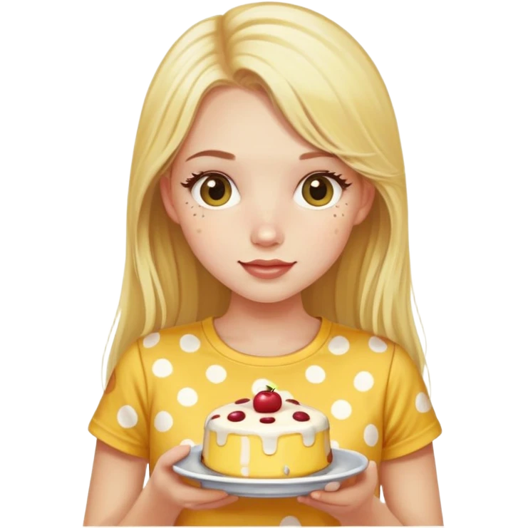a girl with long lashes, long blonde hair, wearing a yellow polka dot t-shirt, holding a pudding emoji