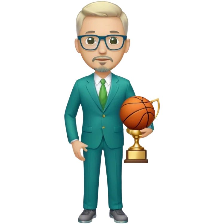 Full Body white  male large size wearing glasses with a goatee with light blonde and gray very short hair basketball head Coach in blue and green suit holding trophy emoji