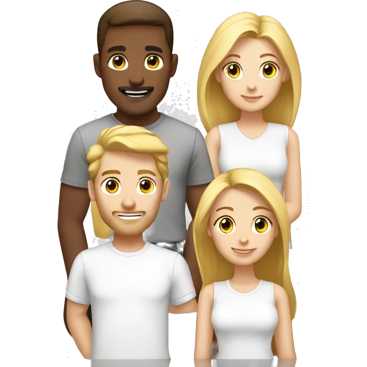 Digital team emoiji consisting of 2 women and 3 men. One blonde woman, one blond man, rest brown hair. All white in tshirts. emoji