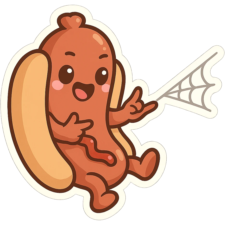 cartoon hot dog shooting a web from its tip, playful and dynamic emoji