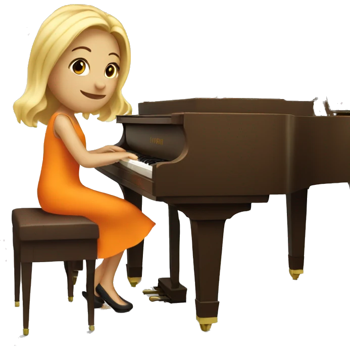 Blonde girl wearing an orange dress playing a brown upright piano emoji