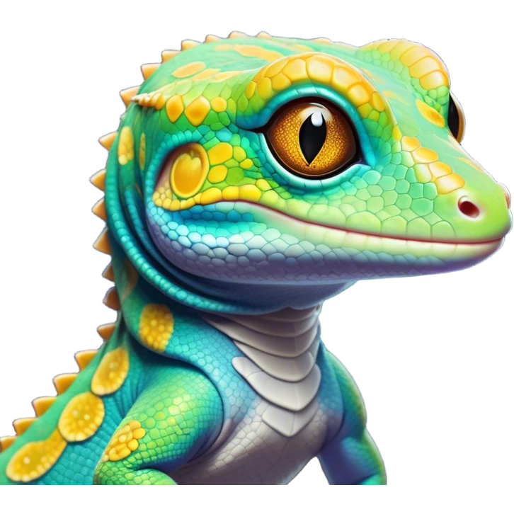 Cinematic Noble Gecko Portrait Emoji, Poised and sleek, with a compact, agile body adorned with textured, mottled scales and luminous, alert eyes accentuated by delicate toe pads and subtle patterning, Simplified yet sharp and sophisticated features, highly detailed, glowing with a soft, ambient jungle glow, high shine, intelligent and vigilant, stylized with an air of exotic elegance, focused and precise, soft glowing outline, capturing the essence of a watchful reptilian guardian that seems ready to scamper out of the screen with effortless agility! emoji