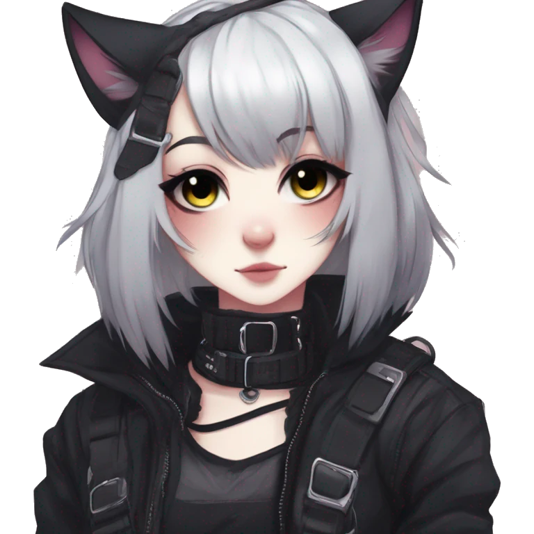 Gorgeous gothic dark techwear anime style anthro black cat furry with blushing face aesthetic and pretty edgy black with collar and harness trending style emoji