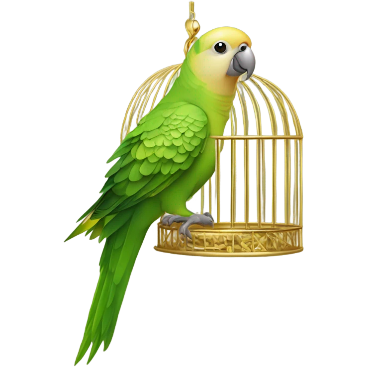 green and tan parakeet sitting on gold birdcage emoji