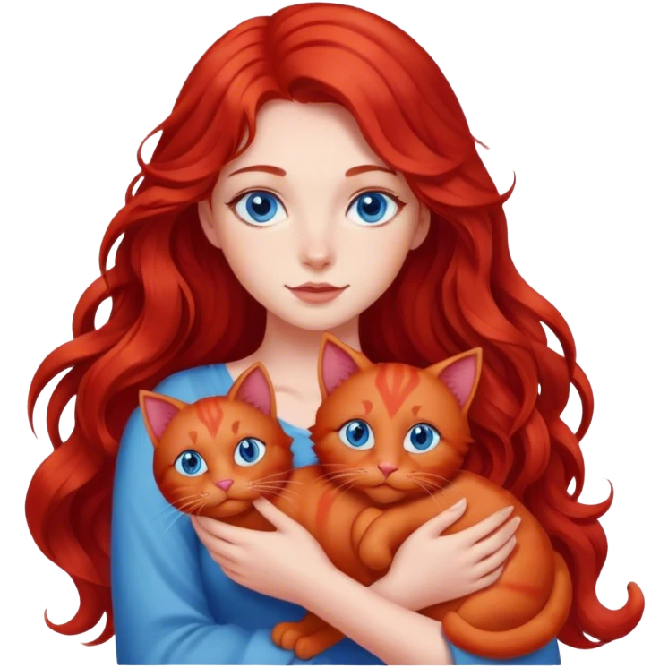 girl with red long wavy hair and blue eyes holding a red cat emoji